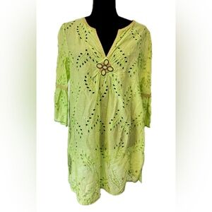 Cynthia Steffe Green Eyelet Embroidered Mini Dress Boho Flare Sleeve Medium